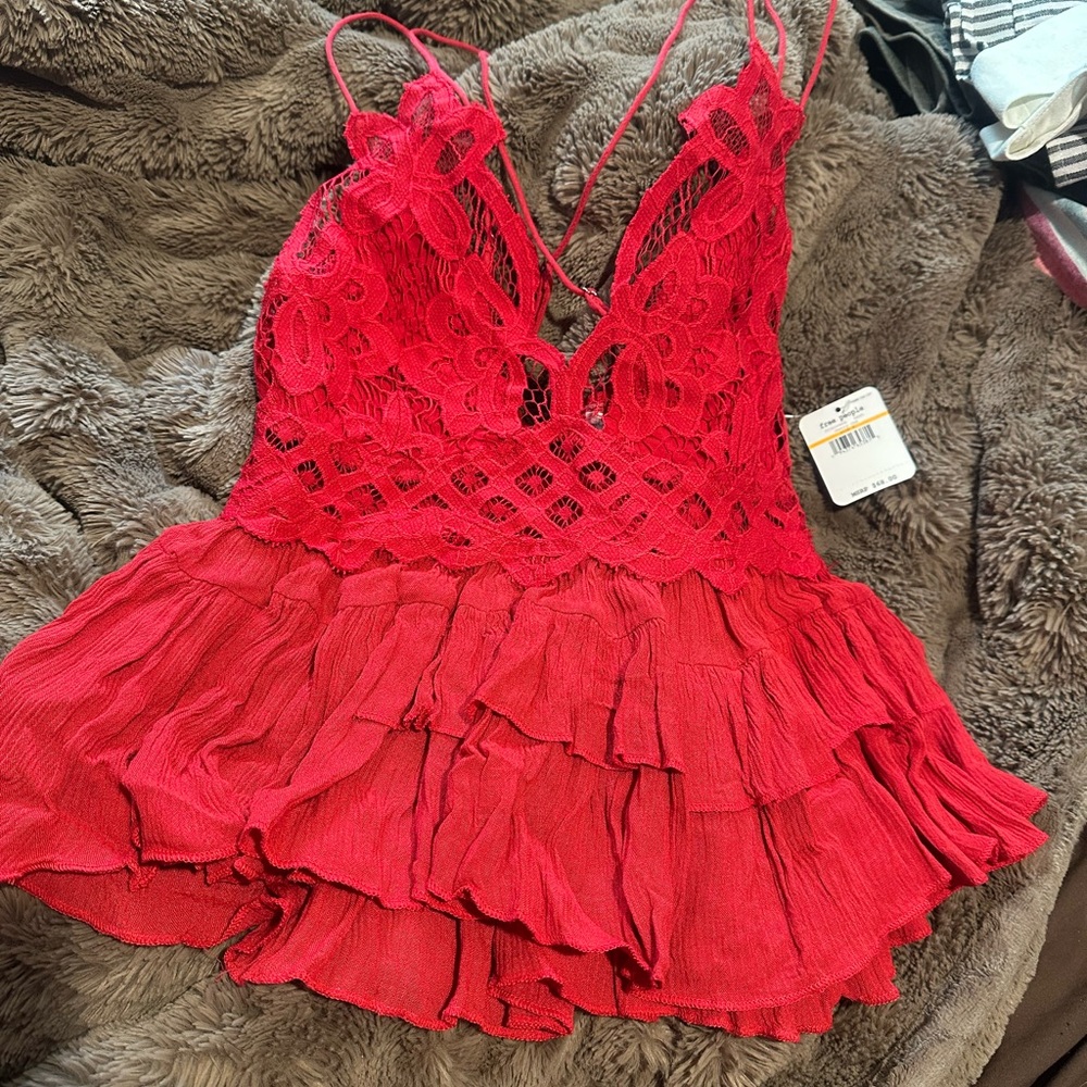 Free People-Red Lace Chemise with Adjustable Straps and Flowy Design